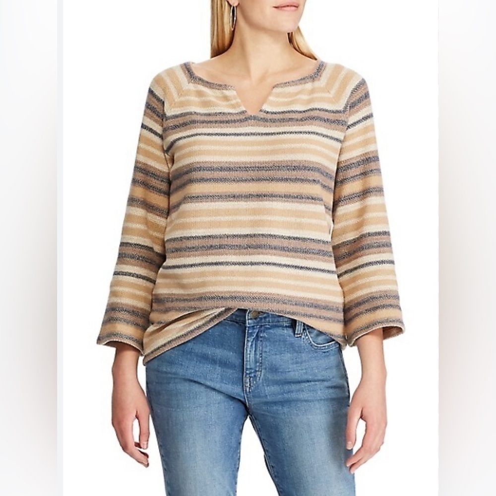 Chaps Womens 2X Striped Cotton Top Split Neck Flared Sleeve‎ Boho Casual Fall